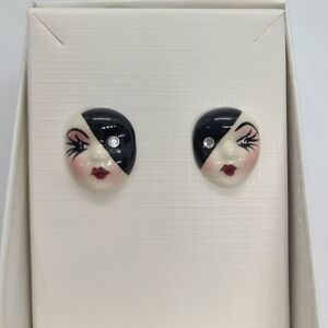 Vintage Fancy Faces Hand Painted Porcelain Stud Earrings Eclipse Mask